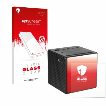 Parte frontal de un envase de producto con el logotipo de la marca upscreen. Al lado se muestra el dispositivo Sony ICF-C1 con