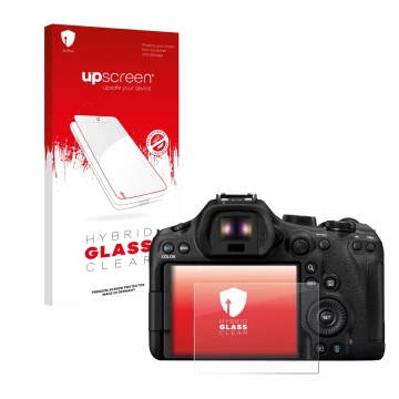 Parte frontal de un envase de producto con el logotipo de la marca upscreen. Al lado se muestra el dispositivo Canon EOS R6 Ma