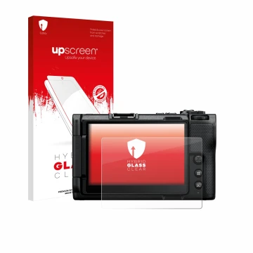 Parte frontal de un envase de producto con el logotipo de la marca upscreen. Al lado se muestra el dispositivo Nikon ZR 2025 c