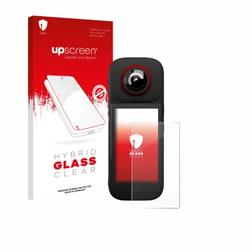 Parte frontal de un envase de producto con el logotipo de la marca upscreen. Al lado se muestra el dispositivo Labpano PanoX V