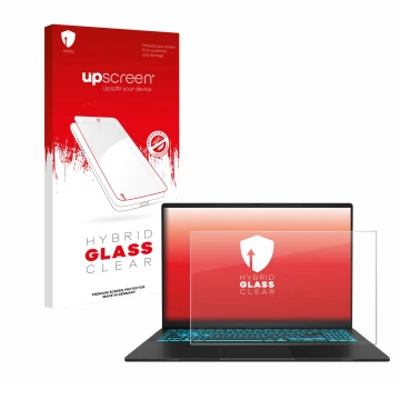 Parte frontal de un envase de producto con el logotipo de la marca upscreen. Al lado se muestra el dispositivo ASUS V16 V3607 