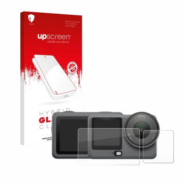 Parte frontal de un envase de producto con el logotipo de la marca upscreen. Al lado se muestra el dispositivo DJI Osmo Action