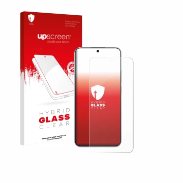 Parte frontal de un envase de producto con el logotipo de la marca upscreen. Al lado se muestra el dispositivo Oppo F31 con su
