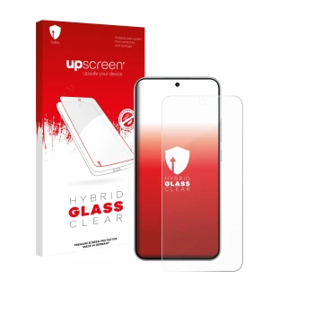 Parte frontal de un envase de producto con el logotipo de la marca upscreen. Al lado se muestra el dispositivo Oppo A6 Pro con
