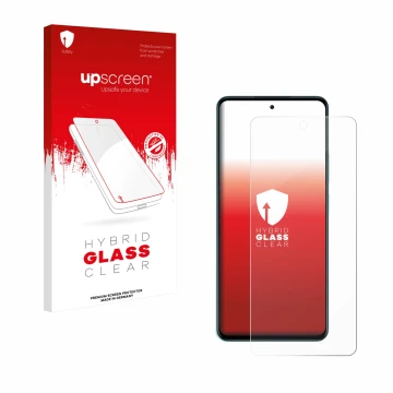 Parte frontal de un envase de producto con el logotipo de la marca upscreen. Al lado se muestra el dispositivo Oppo A5 con su 