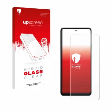 Parte frontal de un envase de producto con el logotipo de la marca upscreen. Al lado se muestra el dispositivo Oppo A5x con su