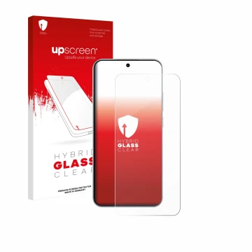 Parte frontal de un envase de producto con el logotipo de la marca upscreen. Al lado se muestra el dispositivo Oppo F31 Pro co