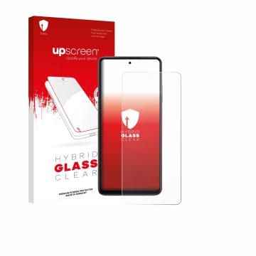 Parte frontal de un envase de producto con el logotipo de la marca upscreen. Al lado se muestra el dispositivo Oppo K13x con s