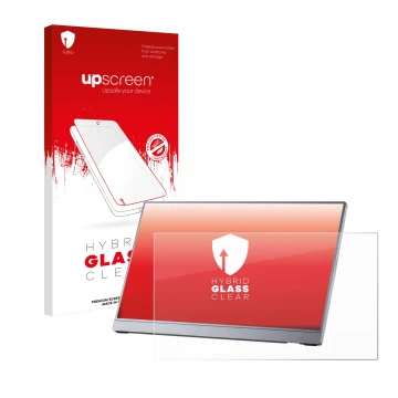 Parte frontal de un envase de producto con el logotipo de la marca upscreen. Al lado se muestra el dispositivo Arzopa Z3FC 16.