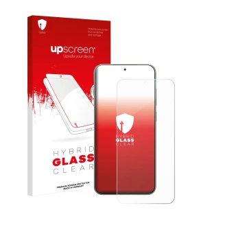 Parte frontal de un envase de producto con el logotipo de la marca upscreen. Al lado se muestra el dispositivo OnePlus 13T con