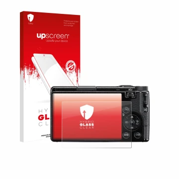 Parte frontal de un envase de producto con el logotipo de la marca upscreen. Al lado se muestra el dispositivo Ricoh GR IV HDF