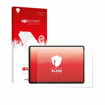 Parte frontal de un envase de producto con el logotipo de la marca upscreen. Al lado se muestra el dispositivo Huawei MatePad 