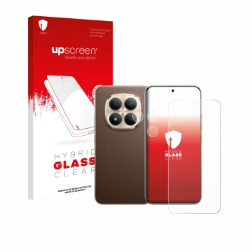 Parte frontal de un envase de producto con el logotipo de la marca upscreen. Al lado se muestra el dispositivo Xiaomi Redmi No