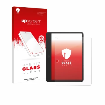 Parte frontal de un envase de producto con el logotipo de la marca upscreen. Al lado se muestra el dispositivo TCL Note A1 con