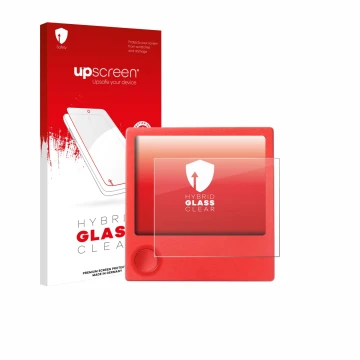 Parte frontal de un envase de producto con el logotipo de la marca upscreen. Al lado se muestra el dispositivo PicPak E-Ink Di