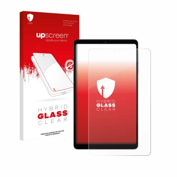 Parte frontal de un envase de producto con el logotipo de la marca upscreen. Al lado se muestra el dispositivo Alldocube iPlay