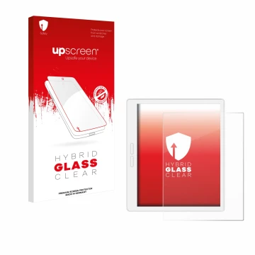 Parte frontal de un envase de producto con el logotipo de la marca upscreen. Al lado se muestra el dispositivo Bigme B751C-S c