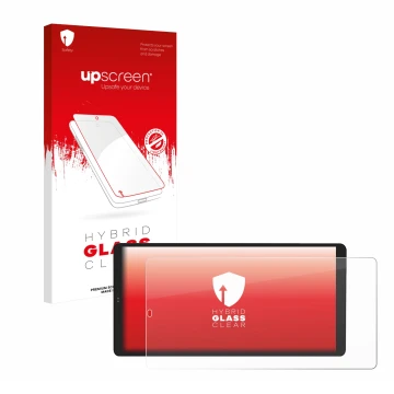 Parte frontal de un envase de producto con el logotipo de la marca upscreen. Al lado se muestra el dispositivo Shelly Wall Dis