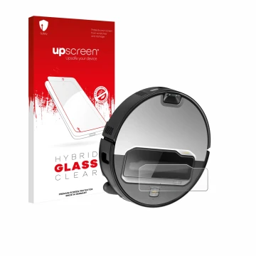 Parte frontal de un envase de producto con el logotipo de la marca upscreen. Al lado se muestra el dispositivo Roborock Saros 