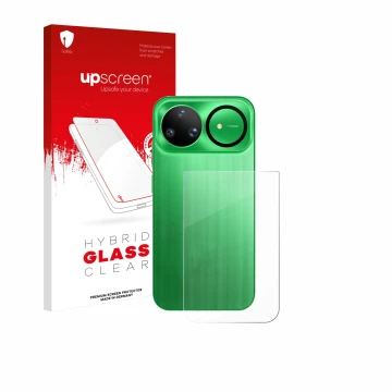 Parte frontal de un envase de producto con el logotipo de la marca upscreen. Al lado se muestra el dispositivo Huawei Nova 15 