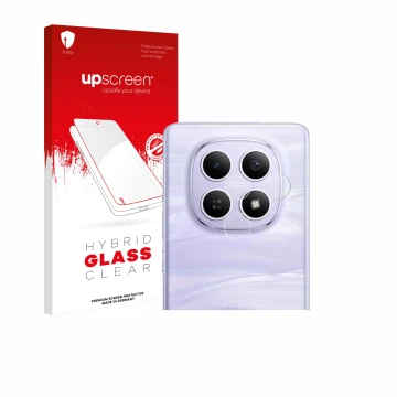 Parte frontal de un envase de producto con el logotipo de la marca upscreen. Al lado se muestra el dispositivo Xiaomi Redmi No