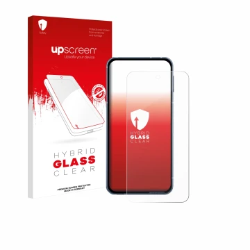 Parte frontal de un envase de producto con el logotipo de la marca upscreen. Al lado se muestra el dispositivo Sharp Aquos Sen
