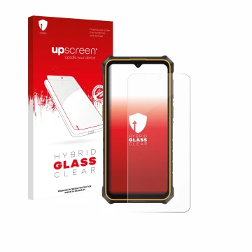 Parte frontal de un envase de producto con el logotipo de la marca upscreen. Al lado se muestra el dispositivo Ulefone RugKing