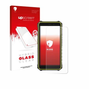 Parte frontal de un envase de producto con el logotipo de la marca upscreen. Al lado se muestra el dispositivo Ulefone RugKing
