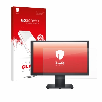 Parte frontal de un envase de producto con el logotipo de la marca upscreen. Al lado se muestra el dispositivo Dell E1920H con