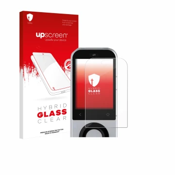 Parte frontal de un envase de producto con el logotipo de la marca upscreen. Al lado se muestra el dispositivo Sofabaton X2 co