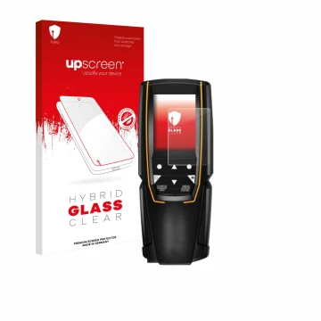 Parte frontal de un envase de producto con el logotipo de la marca upscreen. Al lado se muestra el dispositivo Testo 310 (2da 