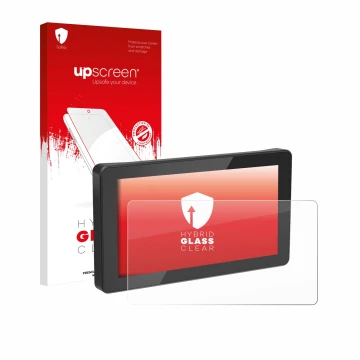 Parte frontal de un envase de producto con el logotipo de la marca upscreen. Al lado se muestra el dispositivo Innovv N1 5.5