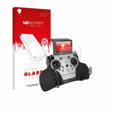 Parte frontal de un envase de producto con el logotipo de la marca upscreen. Al lado se muestra el dispositivo PowerBox System