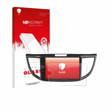 Parte frontal de un envase de producto con el logotipo de la marca upscreen. Al lado se muestra el dispositivo Joying Car Radi