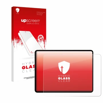 Parte frontal de un envase de producto con el logotipo de la marca upscreen. Al lado se muestra el dispositivo realme Pad 3 co