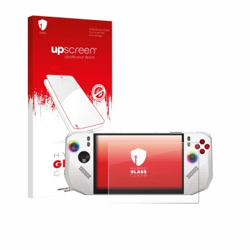 Parte frontal de un envase de producto con el logotipo de la marca upscreen. Al lado se muestra el dispositivo MSI Claw A8 BZ2