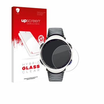 Parte frontal de un envase de producto con el logotipo de la marca upscreen. Al lado se muestra el dispositivo Suunto Regatta 