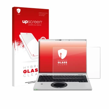 Parte frontal de un envase de producto con el logotipo de la marca upscreen. Al lado se muestra el dispositivo Panasonic CF-FV