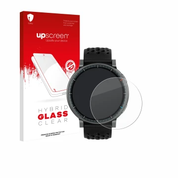 Parte frontal de un envase de producto con el logotipo de la marca upscreen. Al lado se muestra el dispositivo Amazfit Active 