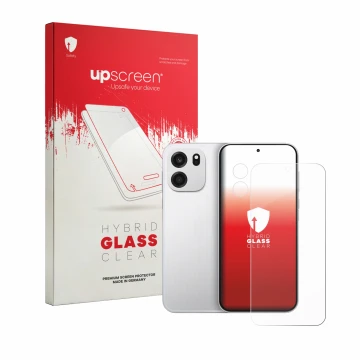 Parte frontal de un envase de producto con el logotipo de la marca upscreen. Al lado se muestra el dispositivo OnePlus Turbo 6