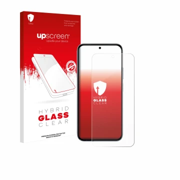 Parte frontal de un envase de producto con el logotipo de la marca upscreen. Al lado se muestra el dispositivo Vivo Y500i con 