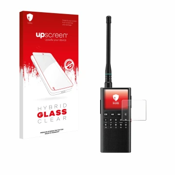 Parte frontal de un envase de producto con el logotipo de la marca upscreen. Al lado se muestra el dispositivo Choyong WT2 con