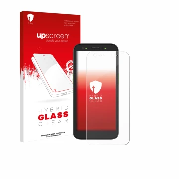 Parte frontal de un envase de producto con el logotipo de la marca upscreen. Al lado se muestra el dispositivo Zebra TC501 con