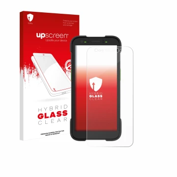 Parte frontal de un envase de producto con el logotipo de la marca upscreen. Al lado se muestra el dispositivo Zebra TC701 con