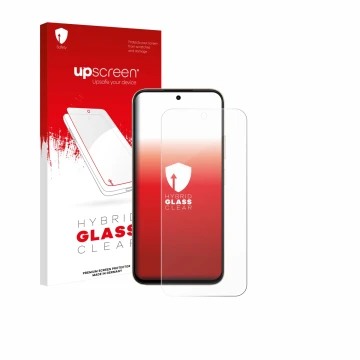 Parte frontal de un envase de producto con el logotipo de la marca upscreen. Al lado se muestra el dispositivo Oppo A6t con su
