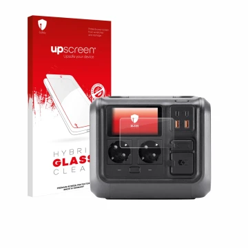 Parte frontal de un envase de producto con el logotipo de la marca upscreen. Al lado se muestra el dispositivo DJI Power 500 c