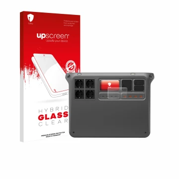 Parte frontal de un envase de producto con el logotipo de la marca upscreen. Al lado se muestra el dispositivo DJI Power 2000 