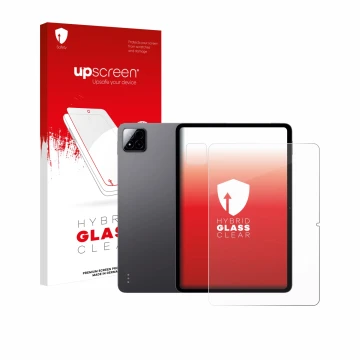 Parte frontal de un envase de producto con el logotipo de la marca upscreen. Al lado se muestra el dispositivo Xiaomi Pad 7 (F