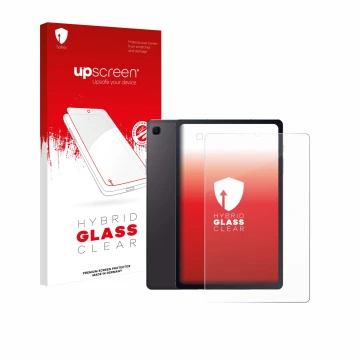 Parte frontal de un envase de producto con el logotipo de la marca upscreen. Al lado se muestra el dispositivo Samsung Galaxy 