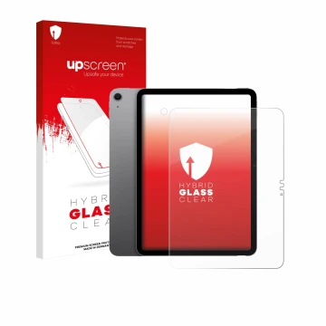Parte frontal de un envase de producto con el logotipo de la marca upscreen. Al lado se muestra el dispositivo Apple iPad Air 